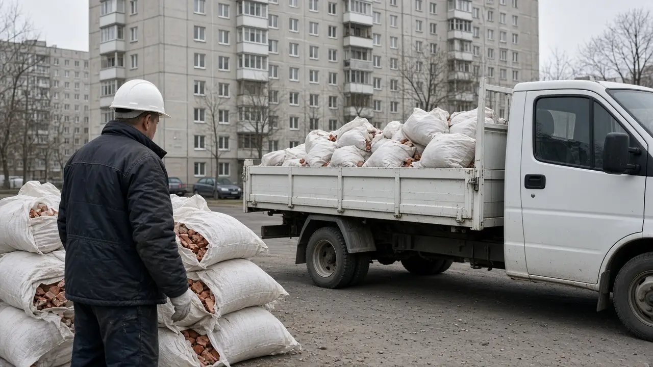Мешки со строительным мусором и грузовик во дворе