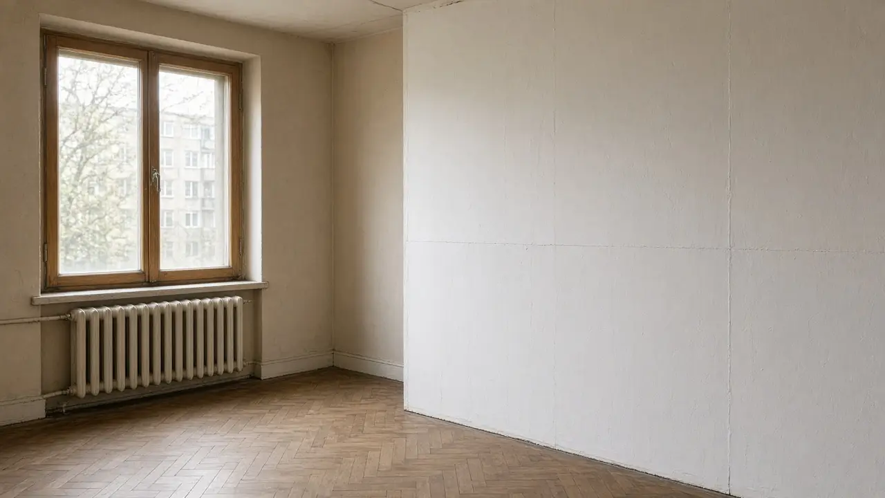 Комната до сноса: белая перегородка из гипсокартона у окна